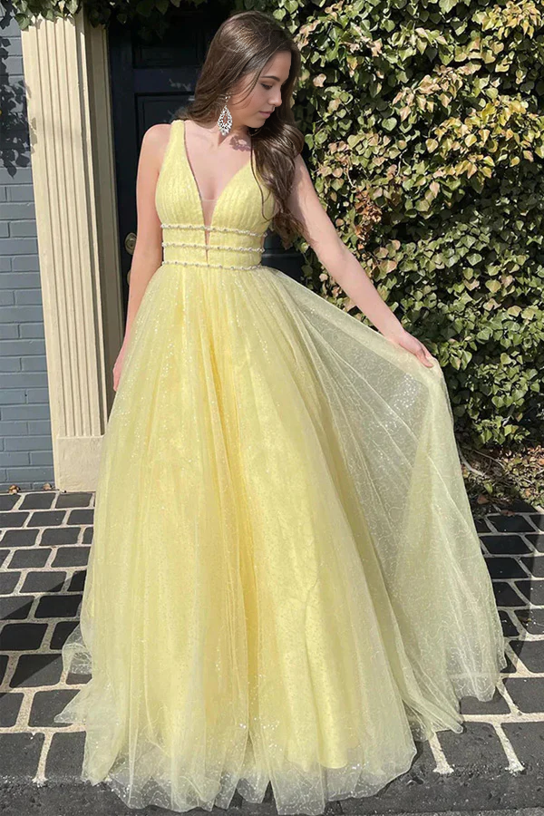 A-Line Beaded Glitter Long Tulle Formal Prom Dress