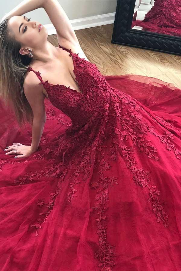 A-line Gorgeous Straps V Neck Burgundy Lace Appliques Long Prom Dress
