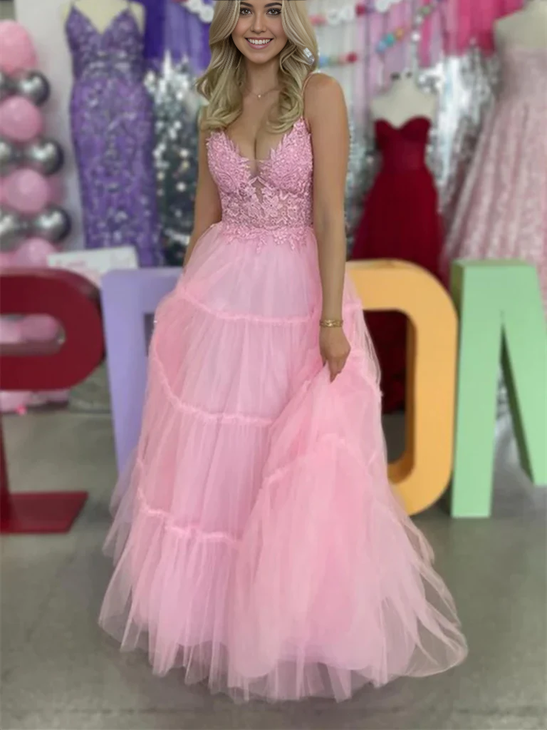 Simple A Line V Neck Lace Long Prom Dresses Formal Evening Graduation Dresses