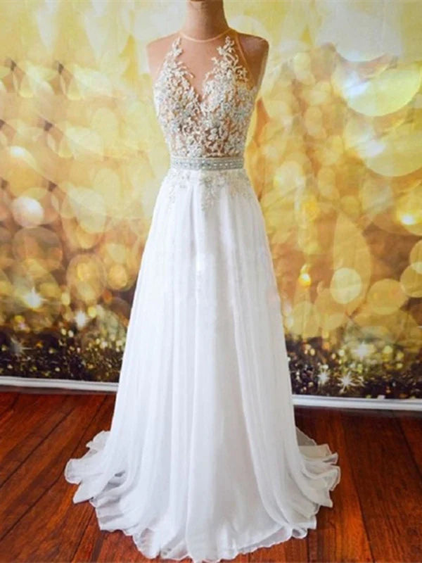 A Line Open Back Long Formal Dresses Prom Dresses with Lace Appliques