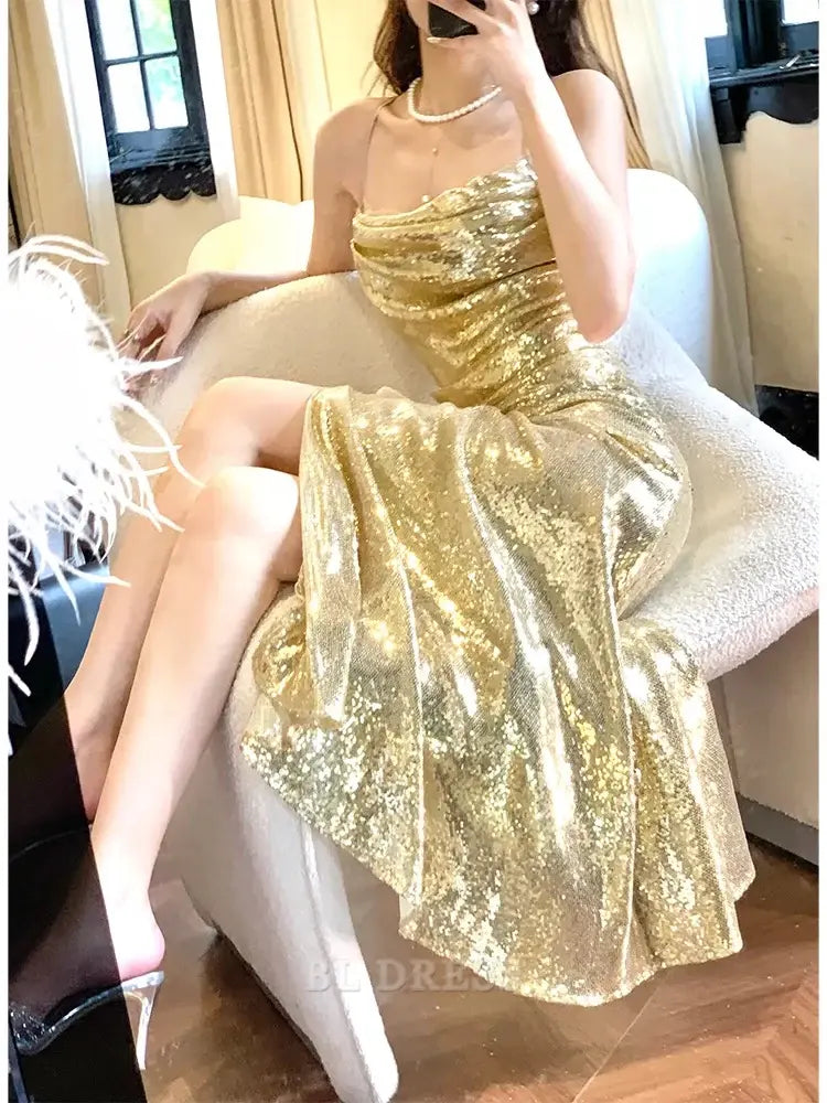 Sheath Spaghetti Straps Gold Sequin Slit formal dresses Bridesmaid Dresses evening gown Prom Dress