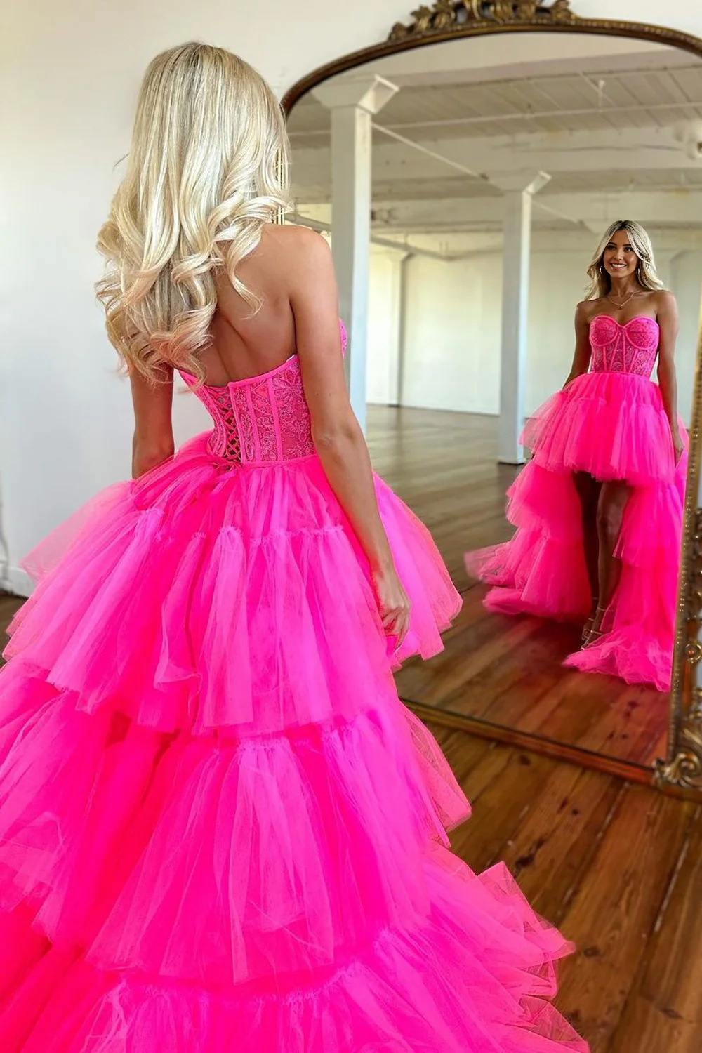 Sweetheart Cute Hot Pink High-Low Long Tulle evening gown formal dresses Party Dress Prom Dresses