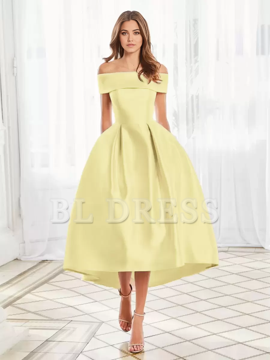 A-line Elegant Off-The-Shoulder Short Tea-Length Satin formal dress evening gown Wedding Guest Dresses Prom Dress
