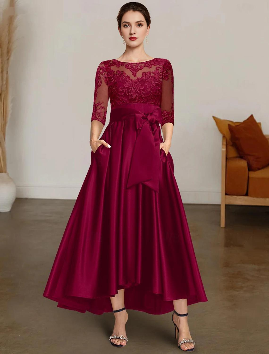 A-Line Chrismas Dress Mother of the Bride Dress Formal Wedding Guest Elegant High Low Bateau Neck Asymmetrical Satin Lace 3/4 Length Sleeve with Lace Sash / Ribbon free custom size