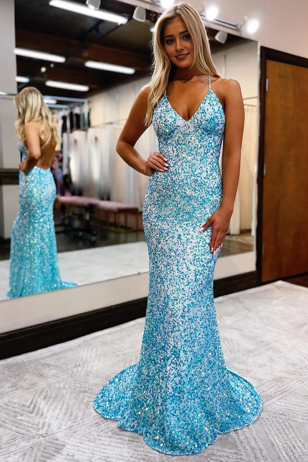 Mermaid Spaghetti Straps Sequins Backless Long Prom Dress