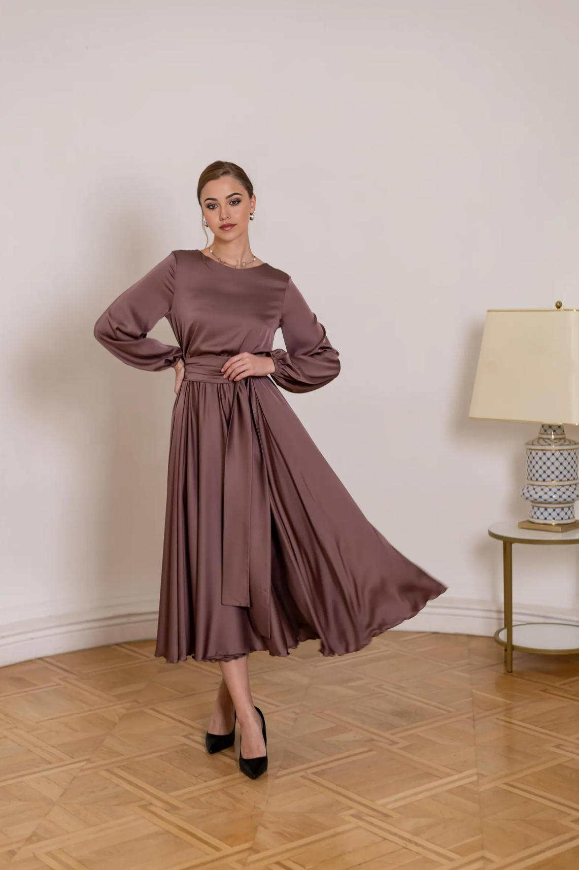 A-line Crew Neck Long Sleeve Tea Length Cocktail Dress Pink Bridesmaid Dress Formal Dresses for Wedding Guest Mother of the Bride Dresses