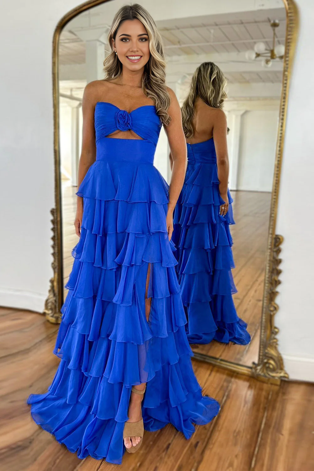 A-Line Cute Strapless Long Tiered Royal Blue formal dresses evening dress Prom Dress with Slit