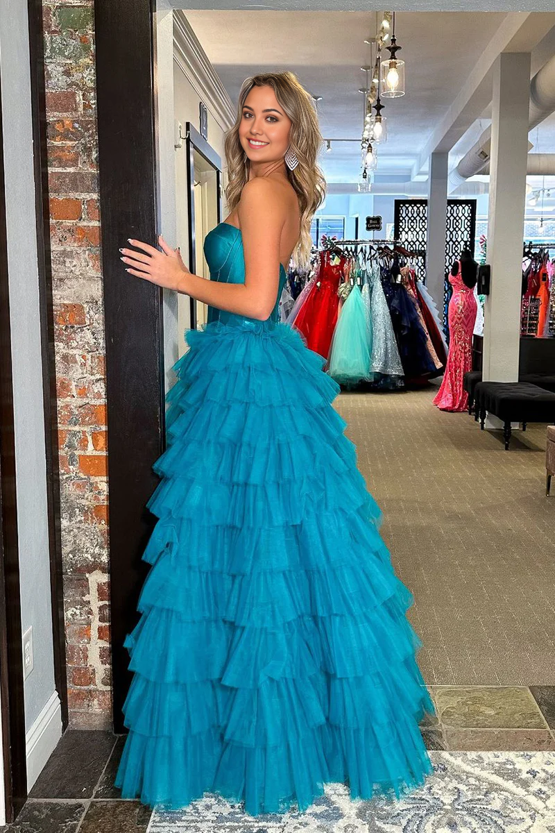 A-line Princess Sweetheart Blue Tiered Tulle Long Prom Dresses