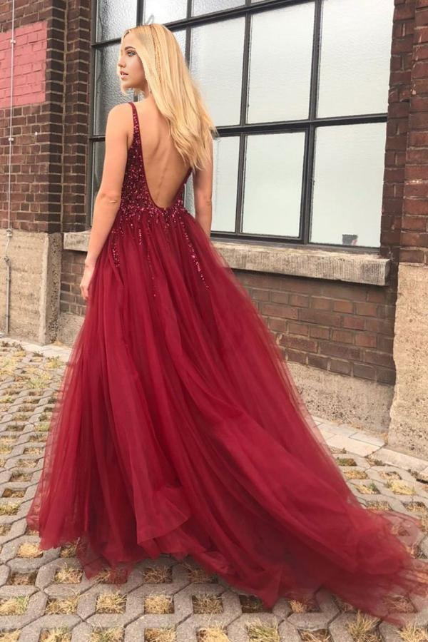 A-line V-neck Open Back Burgundy Tulle Prom Dresses Evening Dresses with Beading
