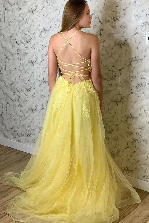 A Line Spaghetti Straps Yellow Split Long Prom Dress With Lace Appliques