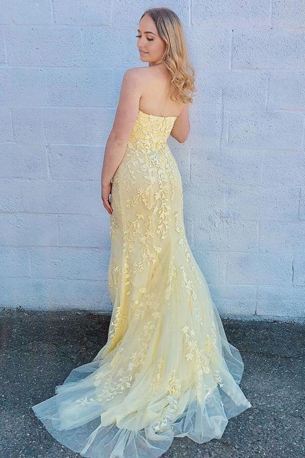 Mermaid Strapless Sky Blue Split Prom Dresses Formal Dress With Lace