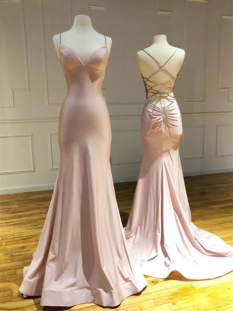 Mermaid V Neck Backless Satin Long Prom Dresses Formal Evening Dresses