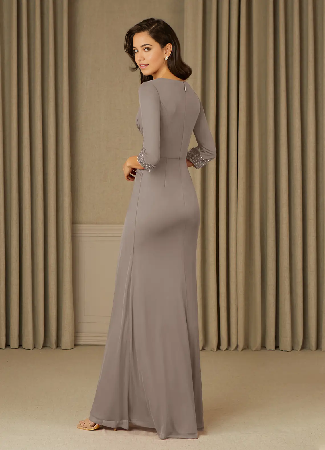 Sheath V-Neck Pleated Taupe formal dresses evening dress Mother of the Bride Dresses