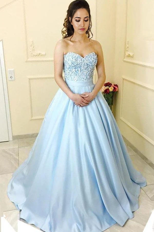 A-line Princess Sweetheart Neck Strapless Blue Satin Long Prom Dresses
