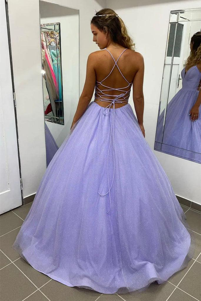 A Line V Neck Tulle Shiny Lavender Prom Formal Dress With Pocket