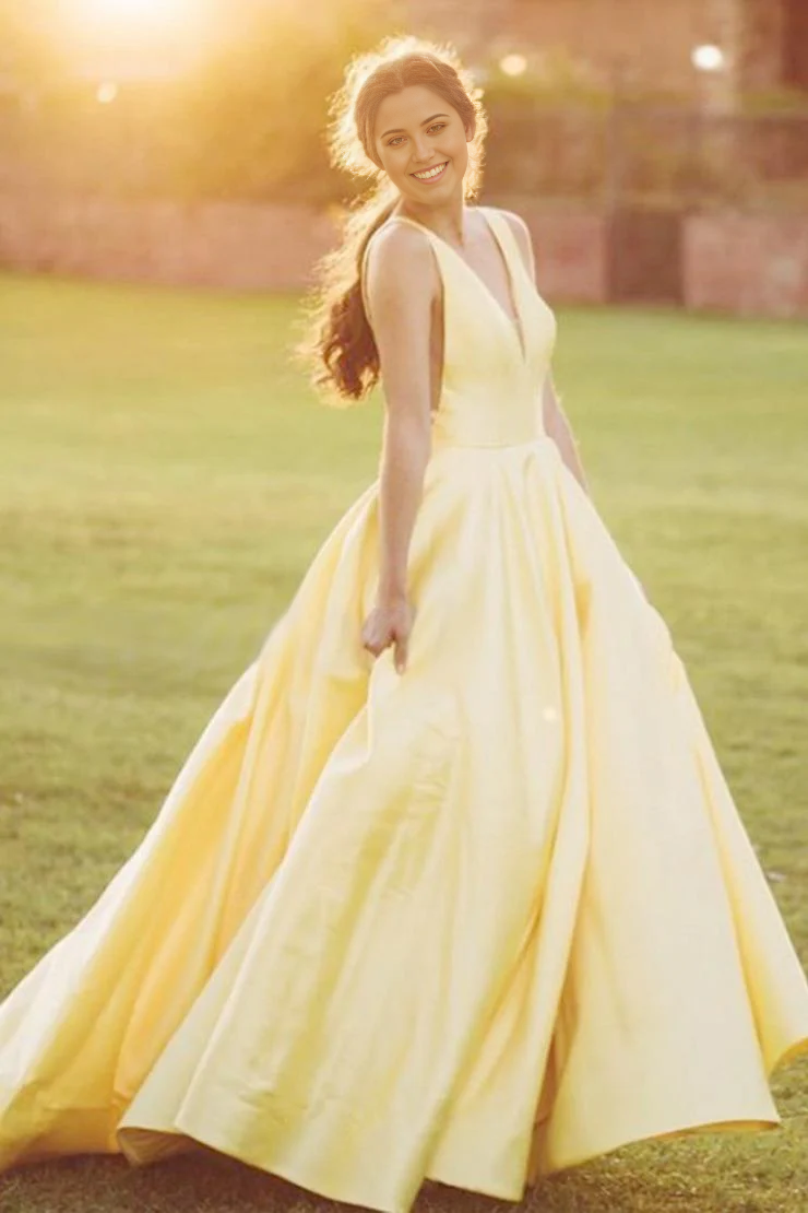 A-Line V-Neck Sleeveless Yellow Long Ball evening gown Prom Dresses