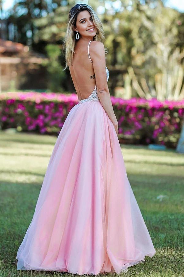 A-line Spaghetti Straps Backless Beading Pink Long Prom Dresses Evening Dress