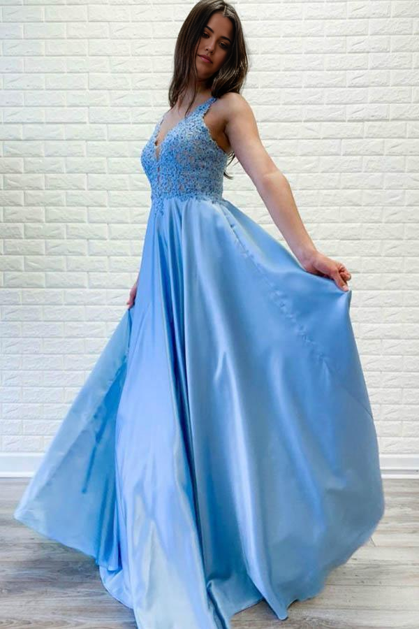 A-Line V-neck Lace Sleeveless Blue Satin Long Prom Dress