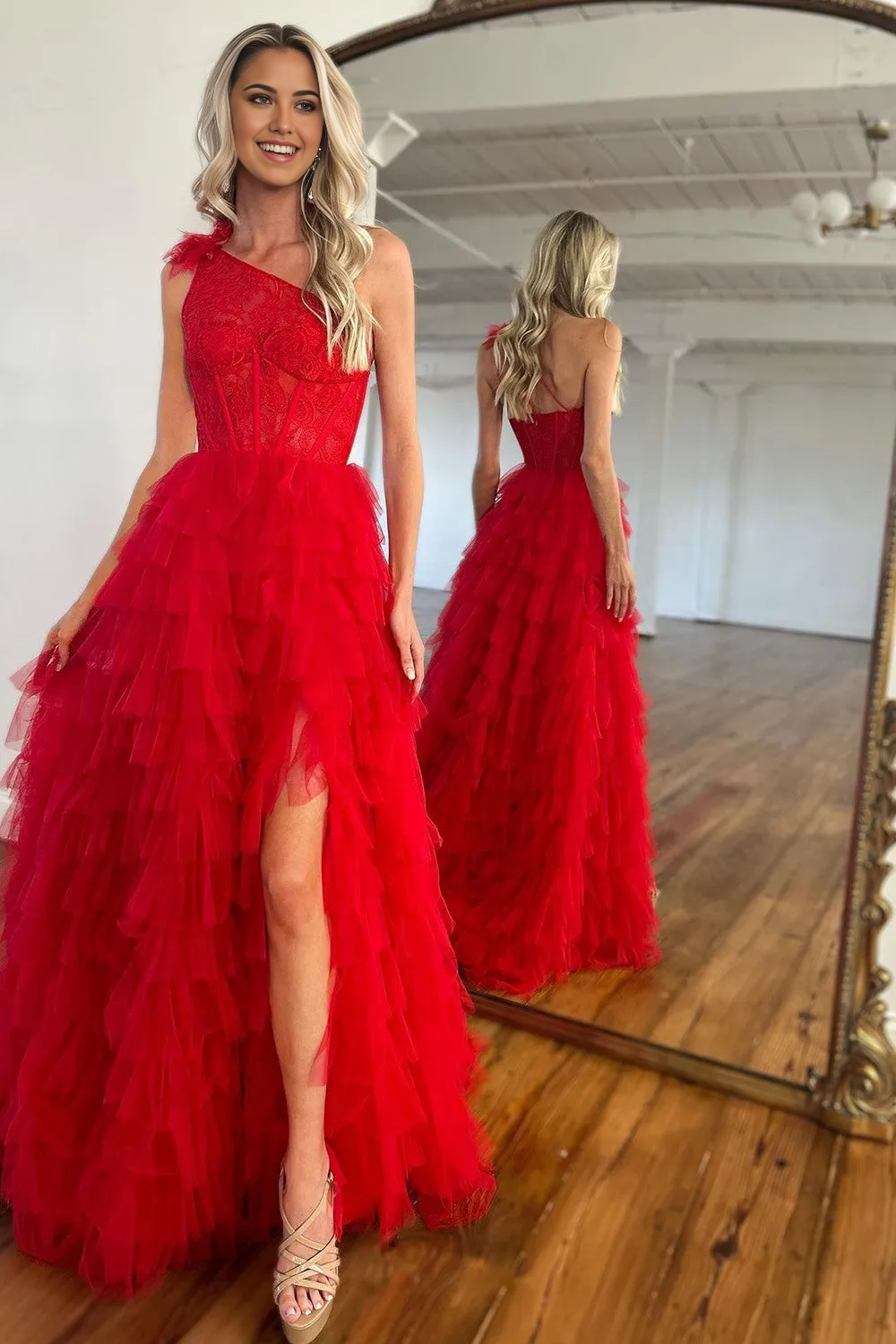 A-Line One Shoulder Long Red Ruffle formal dress evening gown Prom Dress With Split