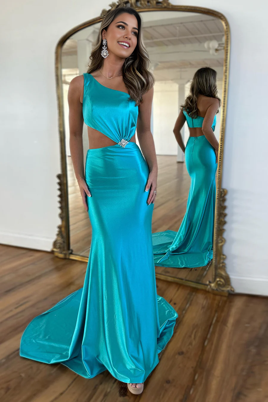 Mermaid Charming One Shoulder Teal Satin formal dresses evening gown Prom Dresses