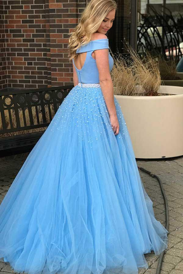 Two Piece Open Back Tulle Blue Prom Dress with Beading