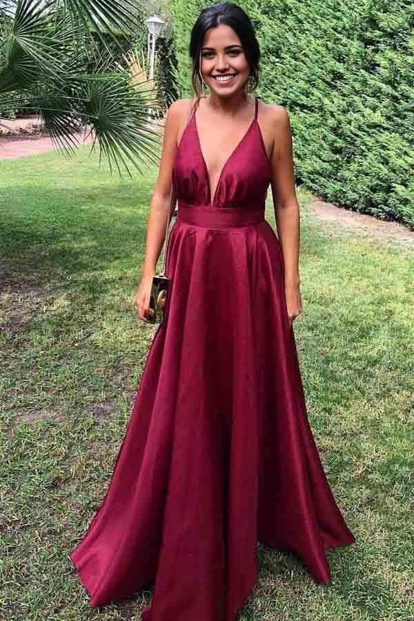 A-line Gorgeous V Neck Burgundy Satin Long Prom Dresses Formal Dress