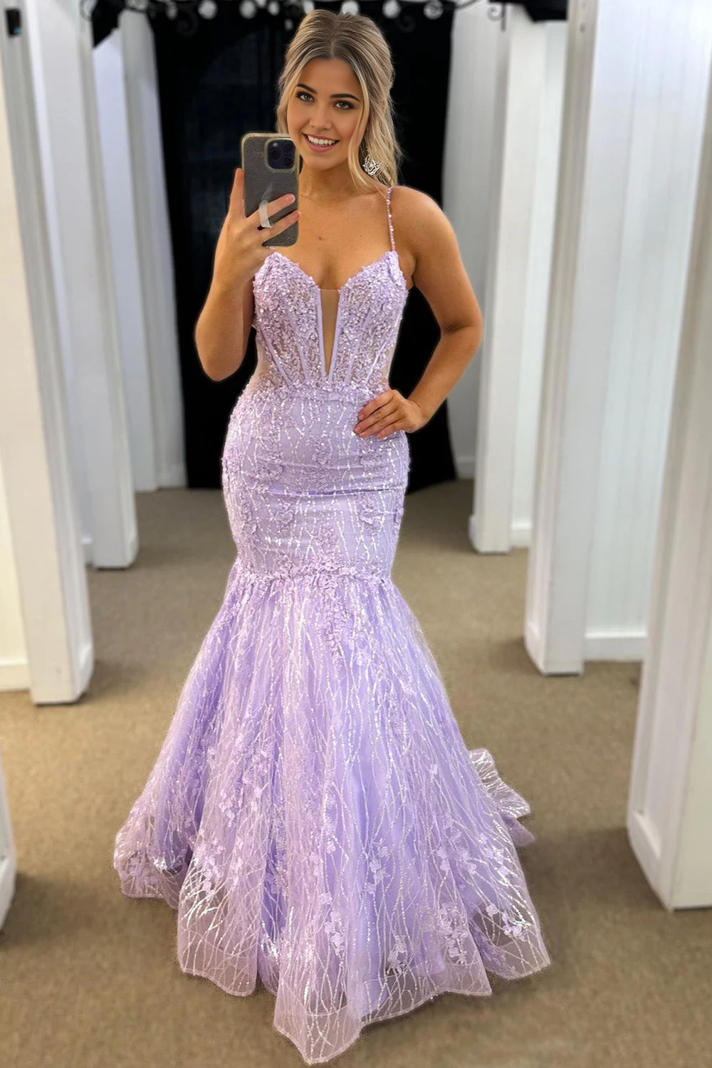 Mermaid Glittler Lilac Spaghetti Straps Long Corset Prom Dress