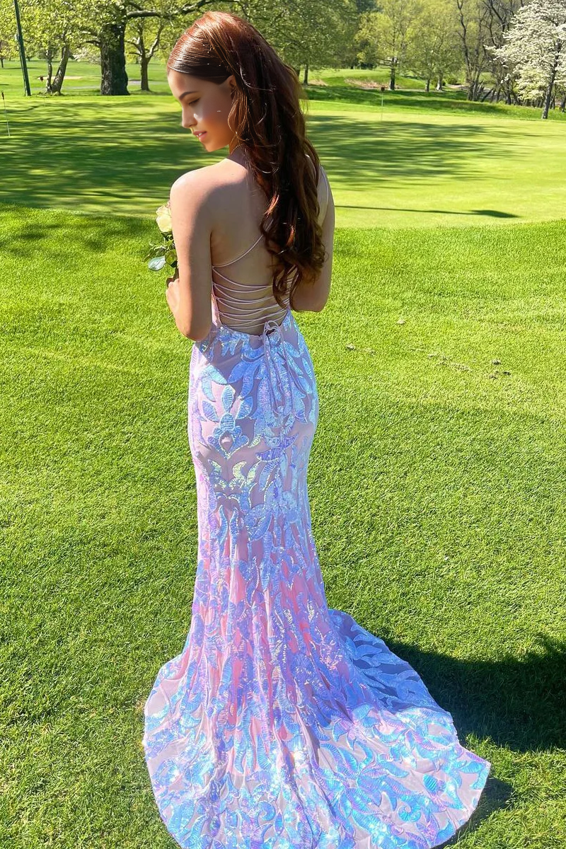 Mermaid One Shoulder Cute Lavender Sequins Lace Prom Dresses with Slit