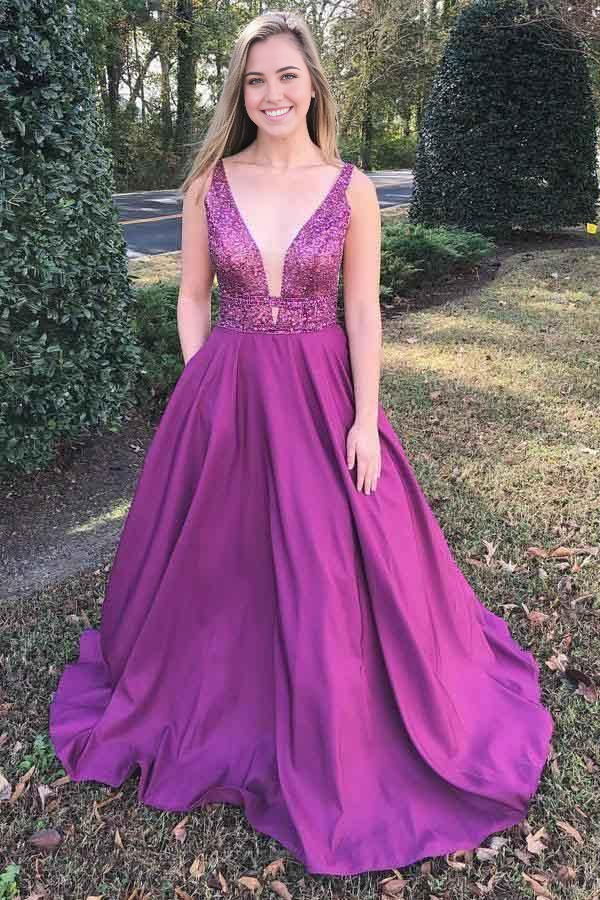 A-Line V-Neck Sweep Fuchsia Train Prom Dress with Beading Pockets