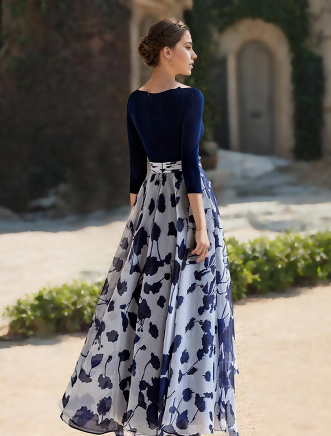 A-Line V Neck Floor Length Chiffon 34 Length Sleeve Floral Mother of the Bride Dress