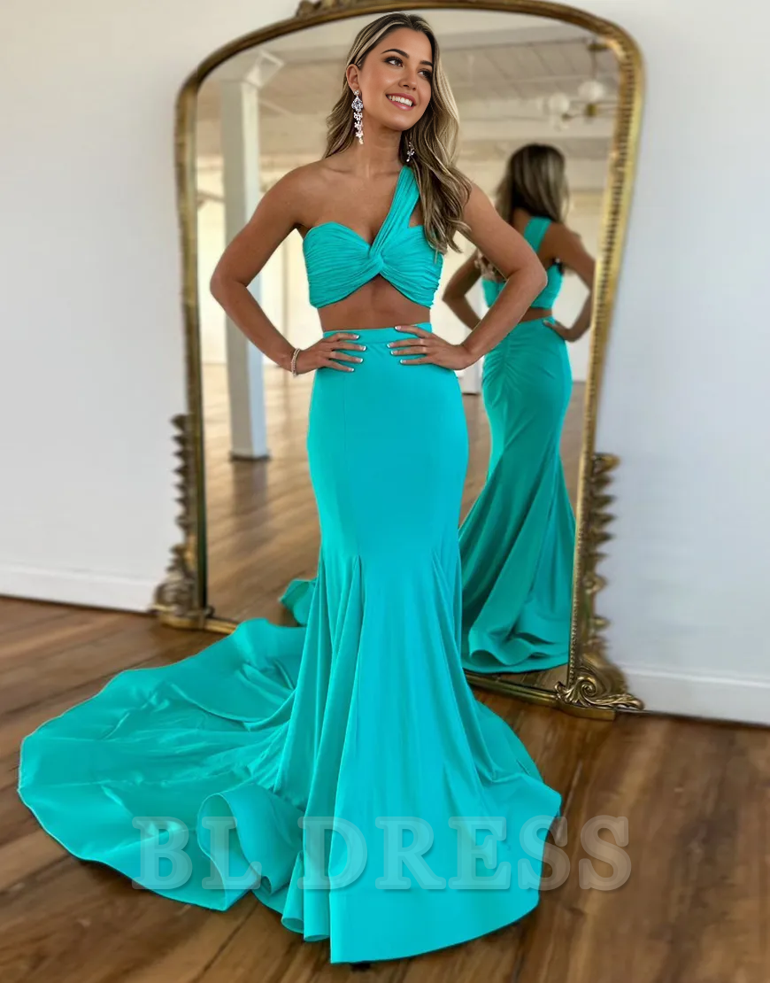 Mermaid One Shoulder Cutout Waist Satin Long formal dresses evening gown Prom Dress