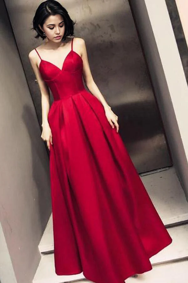 Simple Dark Red Straps Beautiful Satin Prom Dress Evening Dress