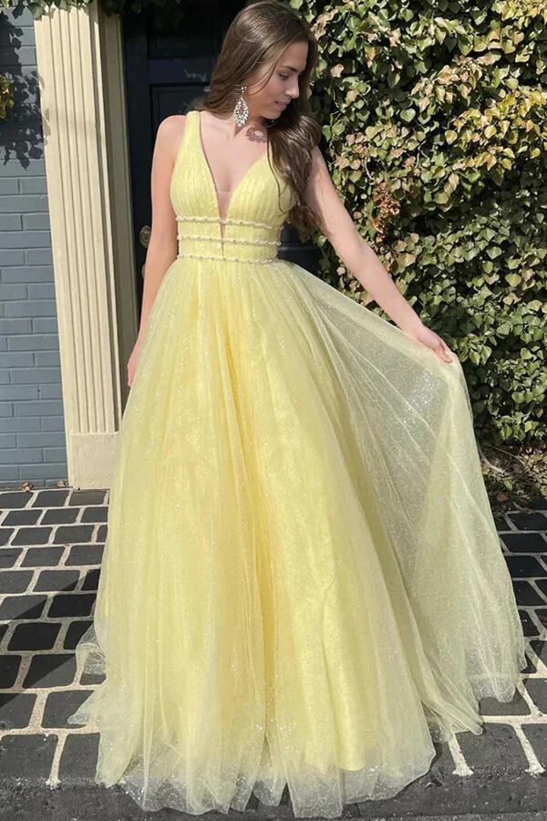 A-line V-neck Tulle Long Prom Dresses With Belt