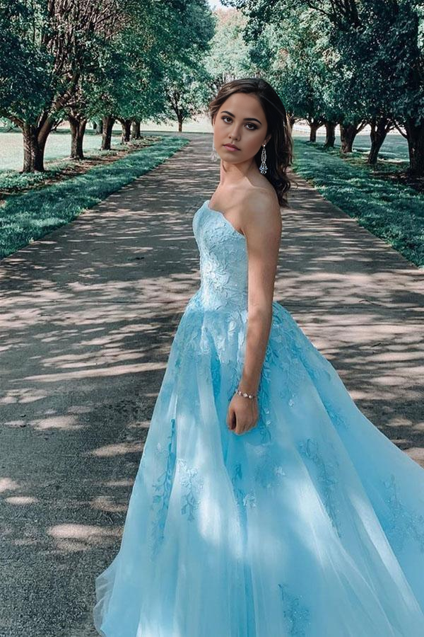 A-line Lace Appliques Blue Long Prom Dress Evening Dress