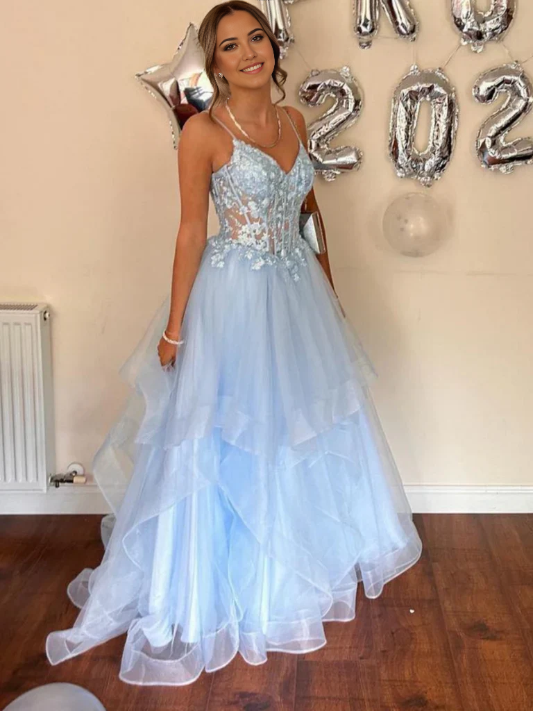 A Line V Neck Tulle Lace Long Prom Dresses Formal Evening Dresses
