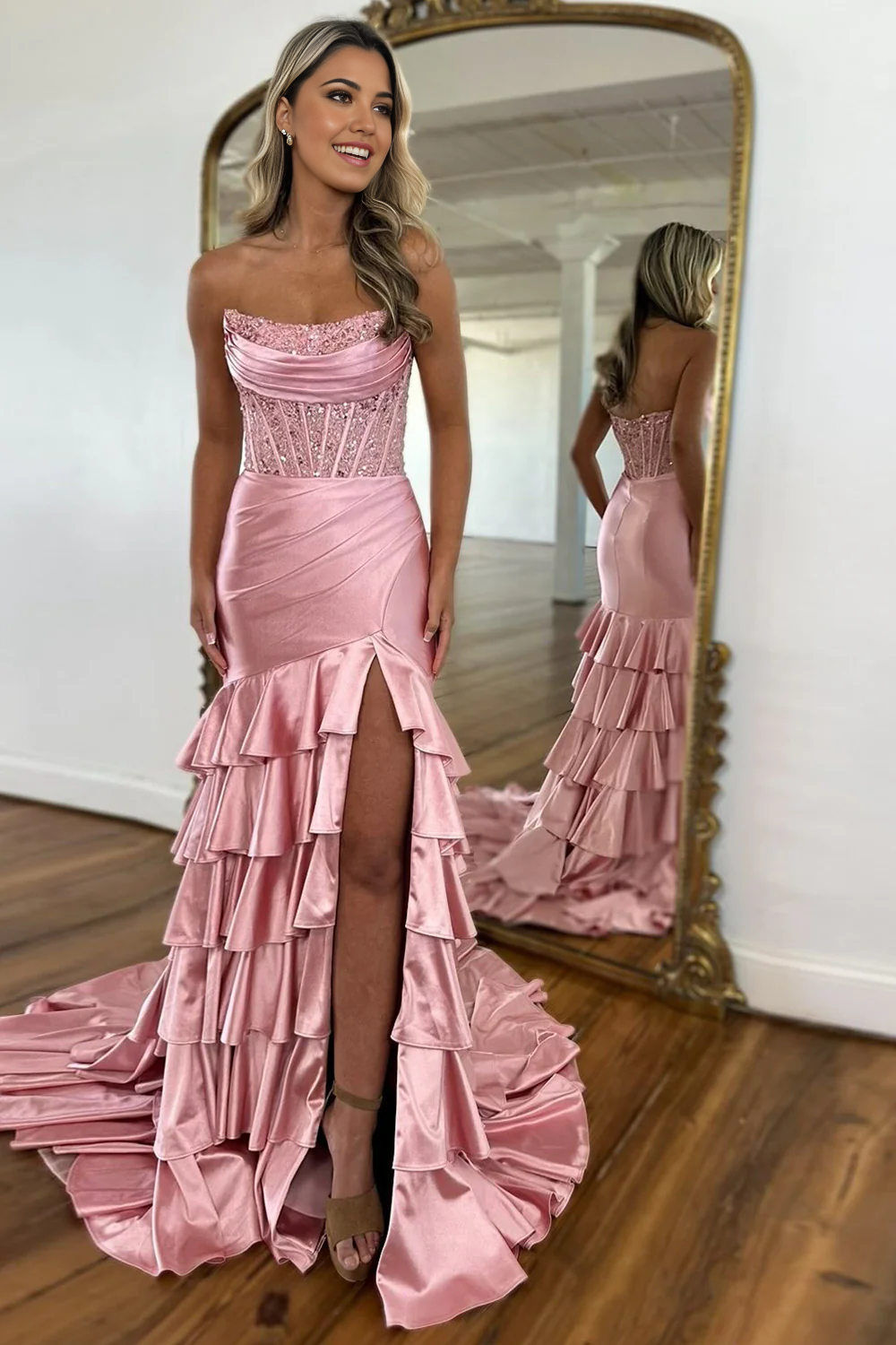 Mermaid Strapless Long Tiered Satin Pink formal dresses evening dress Prom Dress with Sequin