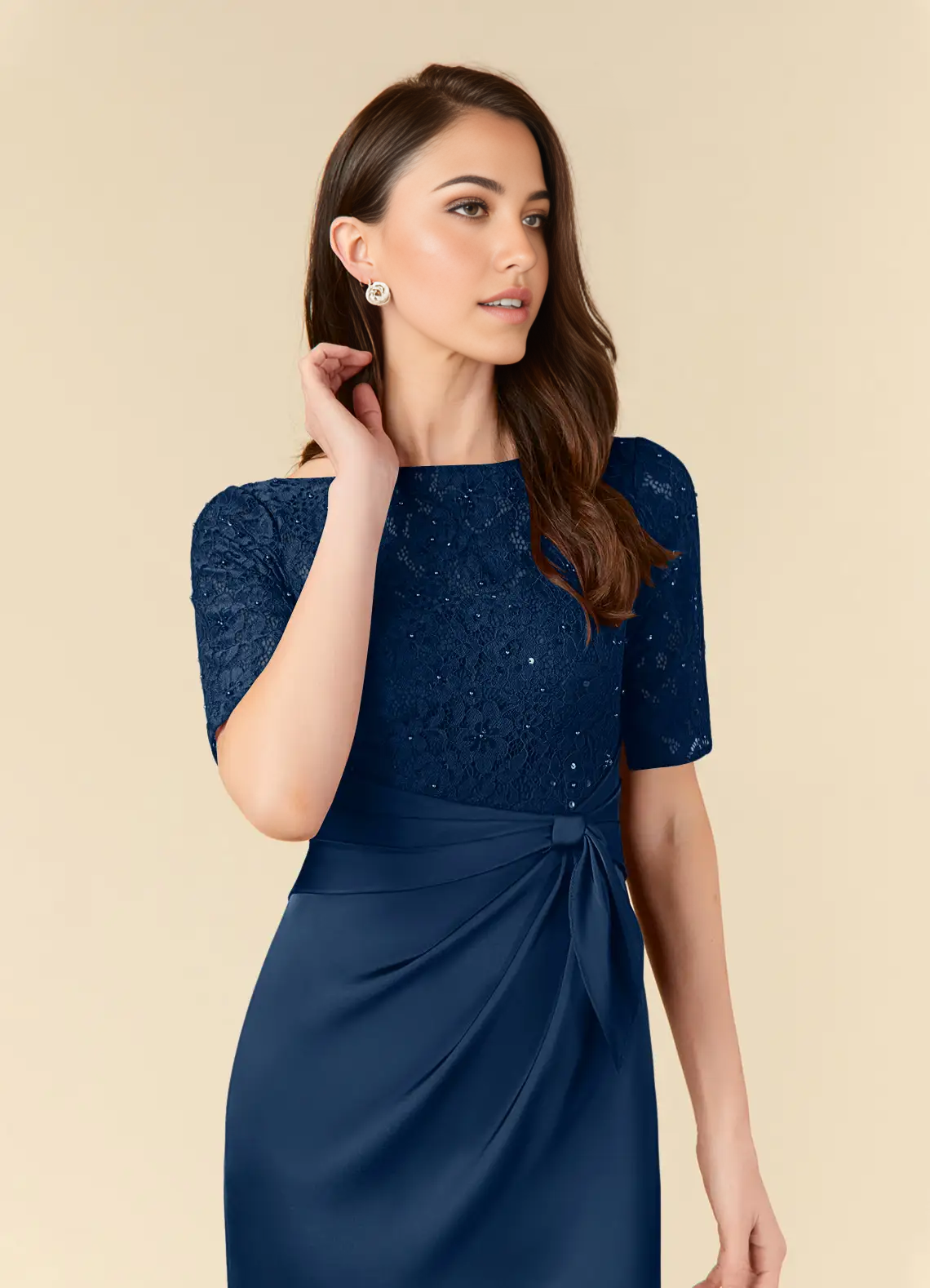 Sheath Sequins Lace Tea Length Dark Navy formal dresses evening dress Mother of the Bride Dresses