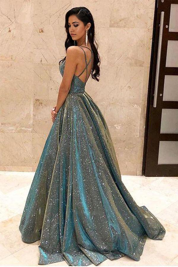 A-line V Neck Sparkly Ball Gown Satin Cross Back Long Prom Dresses with Pockets