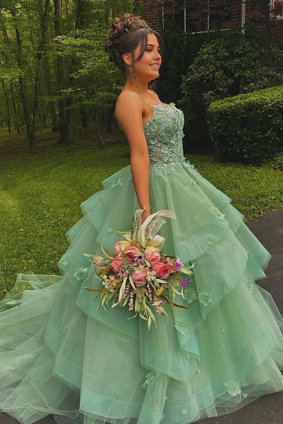 A Line Sweetheart Sage Green Tulle Long formal dress Prom Dresses evening gown with Appliques