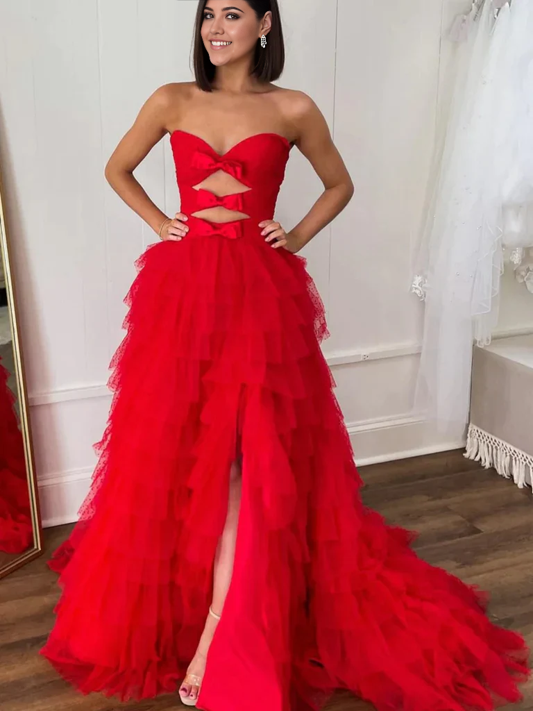 Strapless Ruffle Tulle Long Prom Dresses with Train Formal Evening Graduation Dresses with High Slit