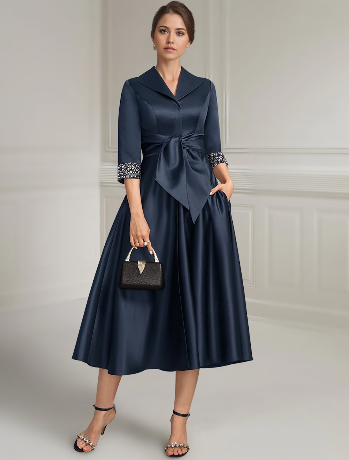 Navy Blue A-Line Dress Mother of the Bride Dress Elegant Satin Simple Shirt Collar Tea Length 3/4 Length Sleeve with Sash / Ribbon Beading Solid Color 2025