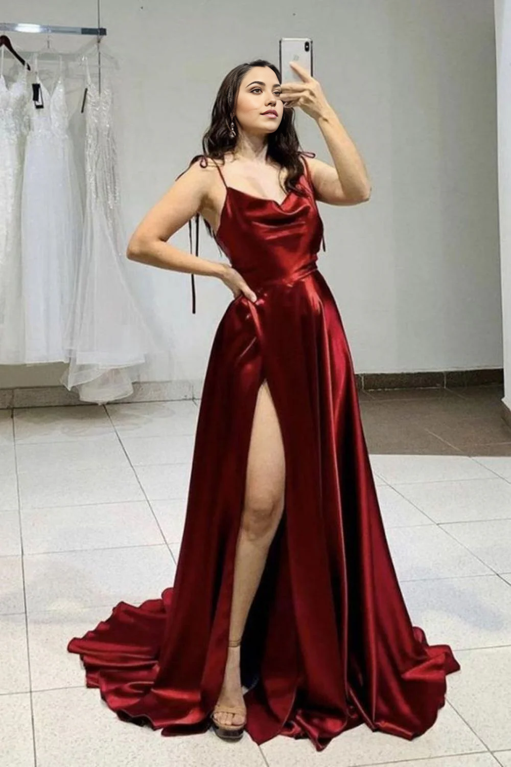 A Line Simple Spaghetti Straps Burgundy evening gown Prom Dress with Slit