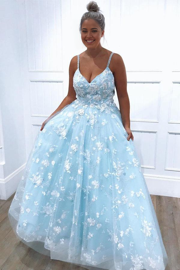 A-Line Lace Appliques Tulle Blue Long Prom Dresses Evening Dress