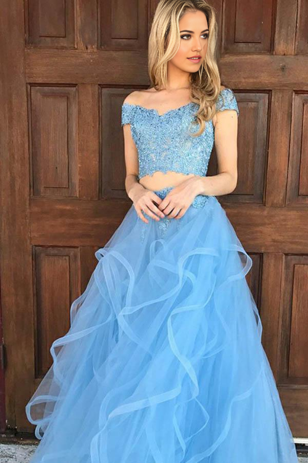 Two Piece Off The Shoulder Sky Blue Organza formal dresses evening gown Prom Dress with Appliques