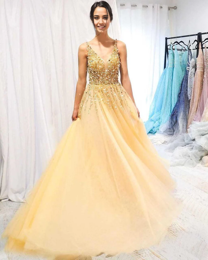 A-line Sparkly V neck Yellow Long Prom Dresses Gorgeous Formal Dresses