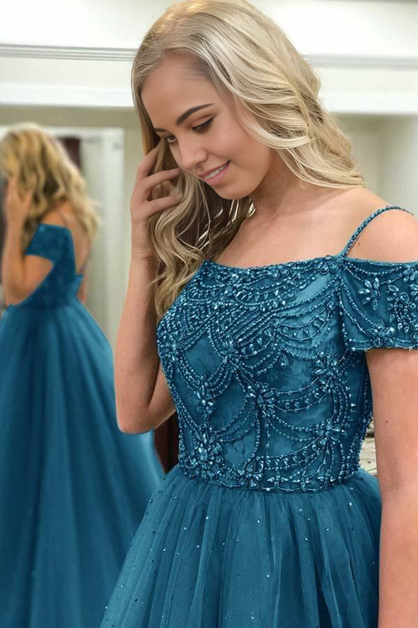 A-line Off-the-Shoulder Dark Blue Tulle Ball Gown Prom Dress with Beading