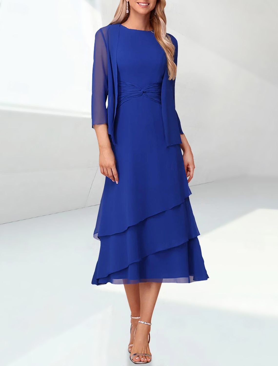 Sheath / Column Mother of the Bride Dress Elegant Jewel Neck Tea Length Chiffon 3/4 Length Sleeve Wrap Included with Ruching free custom size
