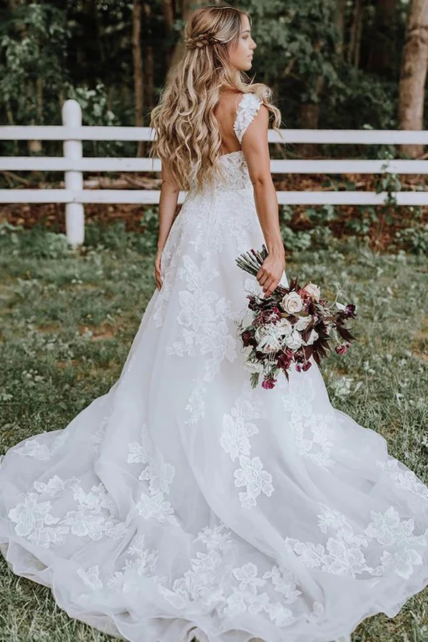 A-line Beautiful Lace Tulle V-neck Forest Wedding Dress