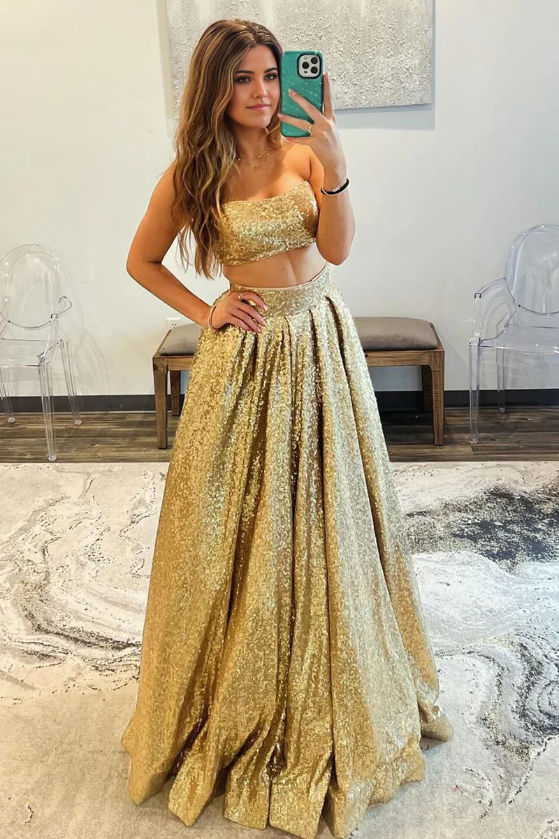 Two Piece Strapless Sequins Gold Long Prom Dress