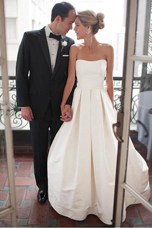 A-line Sweetheart Court Train Ivory Satin Wedding Dress with Ruched